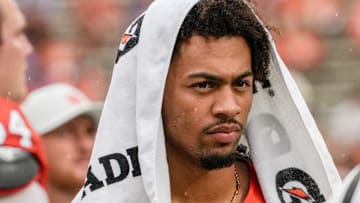 Clemson wide receiver Antonio Williams(0) watches the Tigers play Troy from the sidelines during the second quarter at Memorial Stadium in Clemson, S.C. Saturday, September 6, 2025.