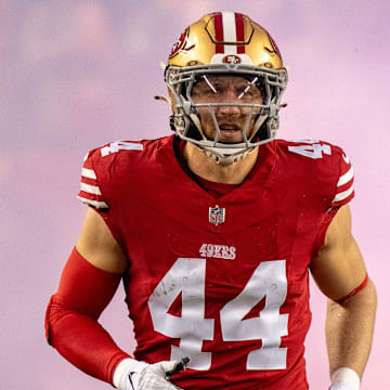 January 20, 2024; Santa Clara, CA, USA; San Francisco 49ers fullback Kyle Juszczyk (44) before a 2024 NFC divisional round game against the Green Bay Packers at Levi's Stadium. Mandatory Credit: Kyle Terada-Imagn Images