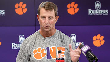 Clemson head coach Dabo Swinney talks with media in the Smart Family Media Center in Clemson, Thursday, July 31, 2025.