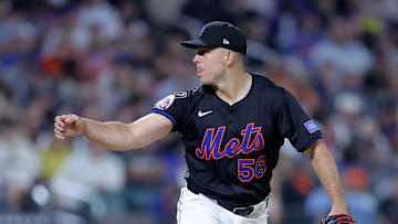Aug 1, 2025; New York City, New York, USA; New York Mets relief pitcher Ryan Helsley (56) follows through on a pitch against the San Francisco Giants during the ninth inning at Citi Field. Mandatory Credit: Brad Penner-Imagn Images