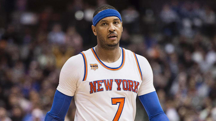 Jan 25, 2017; Dallas, TX, USA; New York Knicks forward Carmelo Anthony (7) reacts to a call during the second half against the Dallas Mavericks at the American Airlines Center. The Mavericks defeat the Knicks 103-95. Mandatory Credit: Jerome Miron-Imagn Images