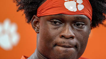 Clemson running back Adam Randall (8) talks with media in the Smart Family Media Center in Clemson, Friday, August 1, 2025.