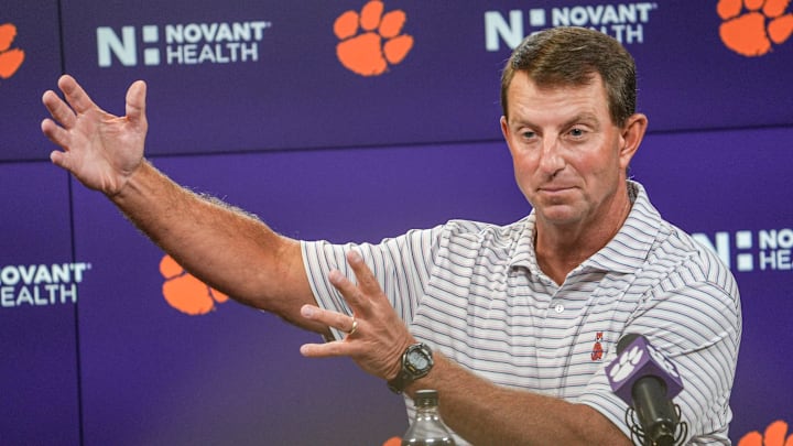 Clemson head coach Dabo Swinney speaks during Clemson football media day at the Smart Family Media Center in Clemson, SC Tuesday, July 15, 2025. Clemson head coach Dabo Swinney speaks during Clemson football media day at the Smart Family Media Center in Clemson, SC Tuesday, July 15, 2025.