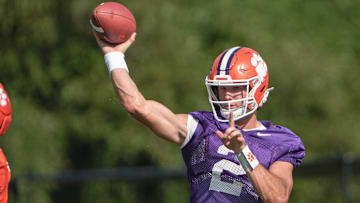 Clemson quarterback Cade Klubnik (2) passes during Clemson football first fall 2025 practice at the Allen N. Reeves Football Complex in Clemson, S.C. Thursday, July 31, 2025.