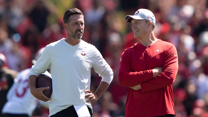 San Francisco 49ers head coach Kyle Shanahan (left) and general manager John Lynch (right)