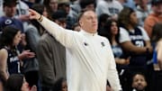 Penn State Nittany Lions head coach Mike Rhoades gestures from the bench during the first half against the Maryland Terrapins in 2023 at Bryce Jordan Center. 