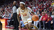 Feb 18, 2025; Ames, Iowa, USA; Iowa State Cyclones guard Keshon Gilbert (10) drives baseline against the Colorado Buffaloes during the first half at James H. Hilton Coliseum. Mandatory Credit: Reese Strickland-Imagn Images