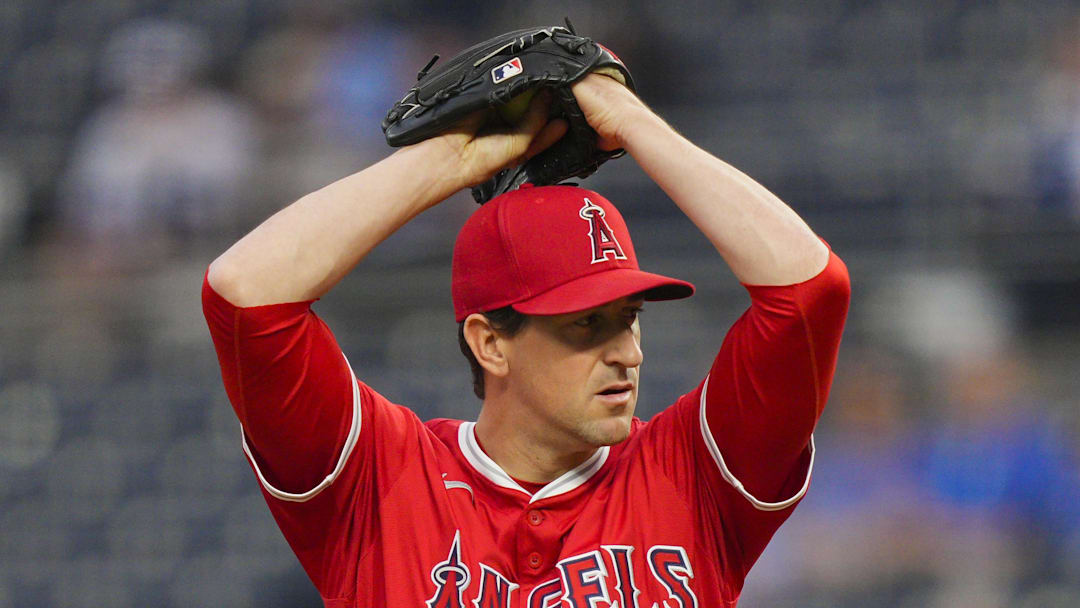 Sep 4, 2025; Kansas City, Missouri, USA; Los Angeles Angels starting pitcher Kyle Hendricks (28) pitches during the first inning against the Kansas City Royals at Kauffman Stadium. Mandatory Credit: Jay Biggerstaff-Imagn Images