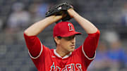 Sep 4, 2025; Kansas City, Missouri, USA; Los Angeles Angels starting pitcher Kyle Hendricks (28) pitches during the first inning against the Kansas City Royals at Kauffman Stadium. Mandatory Credit: Jay Biggerstaff-Imagn Images