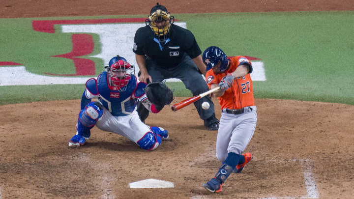 Oct 18, 2023; Arlington, Texas, USA; Houston Astros second baseman Jose Altuve (27) bats against the