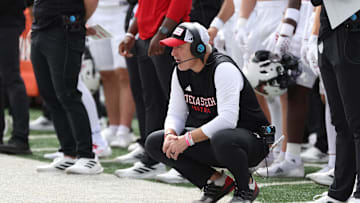 Sep 20, 2025; Salt Lake City, Utah, USA; Texas Tech Red Raiders head coach Joey McGuire looks on during the fourth quarter of the game against the Utah Utes at Rice-Eccles Stadium. Mandatory Credit: Rob Gray-Imagn Images