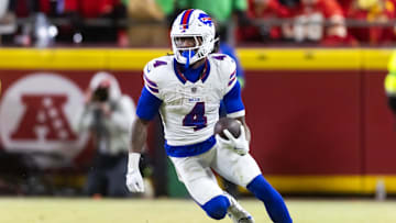 Buffalo Bills running back James Cook (4) against the Kansas City Chiefs during the AFC Championship game.