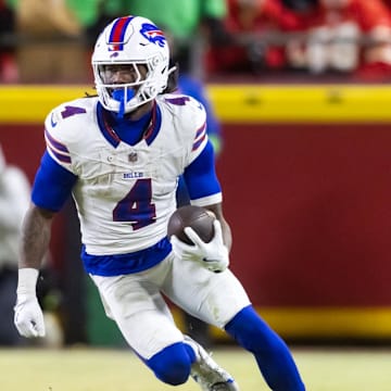Buffalo Bills running back James Cook (4) against the Kansas City Chiefs during the AFC Championship game.
