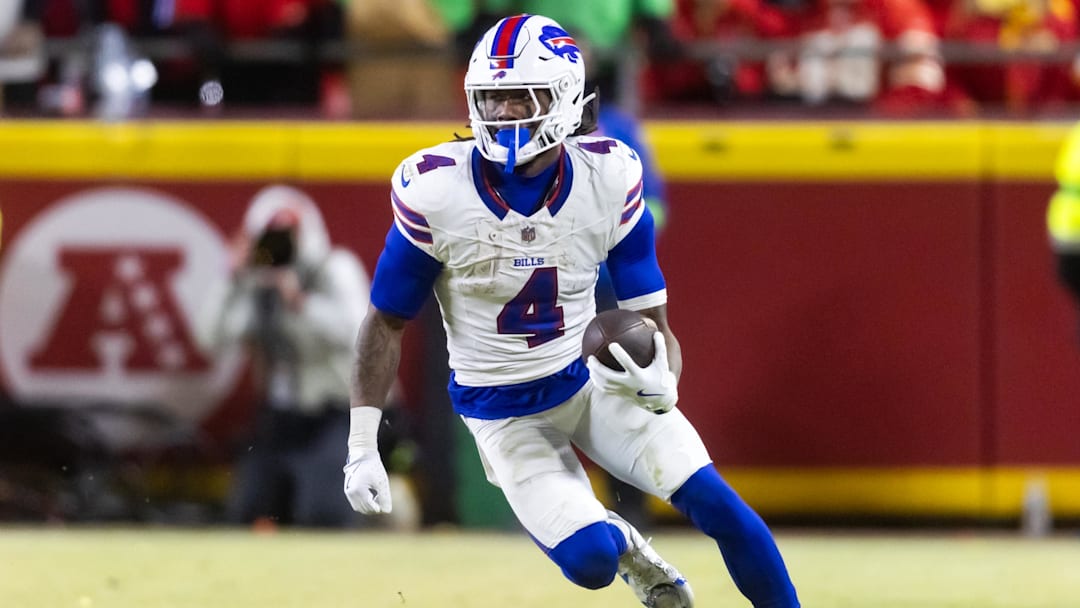 Jan 26, 2025; Kansas City, MO, USA; Buffalo Bills running back James Cook (4) against the Kansas City Chiefs during the AFC Championship game at GEHA Field at Arrowhead Stadium. Mandatory Credit: Mark J. Rebilas-Imagn Images