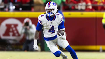 Jan 26, 2025; Kansas City, MO, USA; Buffalo Bills running back James Cook (4) against the Kansas City Chiefs during the AFC Championship game at GEHA Field at Arrowhead Stadium. Mandatory Credit: Mark J. Rebilas-Imagn Images