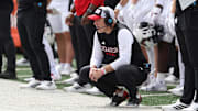 Sep 20, 2025; Salt Lake City, Utah, USA; Texas Tech Red Raiders head coach Joey McGuire looks on during the fourth quarter of the game against the Utah Utes at Rice-Eccles Stadium. Mandatory Credit: Rob Gray-Imagn Images