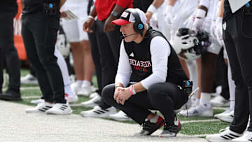 Sep 20, 2025; Salt Lake City, Utah, USA; Texas Tech Red Raiders head coach Joey McGuire looks on during the fourth quarter of the game against the Utah Utes at Rice-Eccles Stadium. Mandatory Credit: Rob Gray-Imagn Images