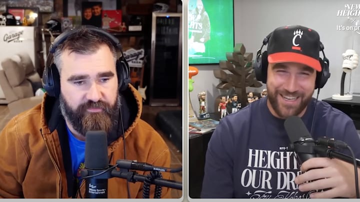 Jason and Travis Kelce talk on the "New Heights" podcast. Jason and Travis Kelce talk on the "New Heights" podcast.