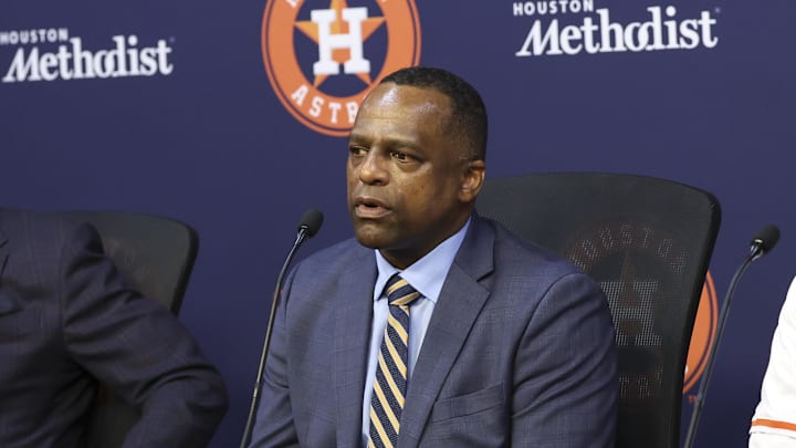 Jan 5, 2026; Houston, TX, USA; Houston Astros general manager Dana Brown (middle) talks and owner Jim Crane (left) looks on during a press conference to introduce Japanese pitcher Tatsuya Imai at Daikin Park. Mandatory Credit: Troy Taormina-Imagn Images
