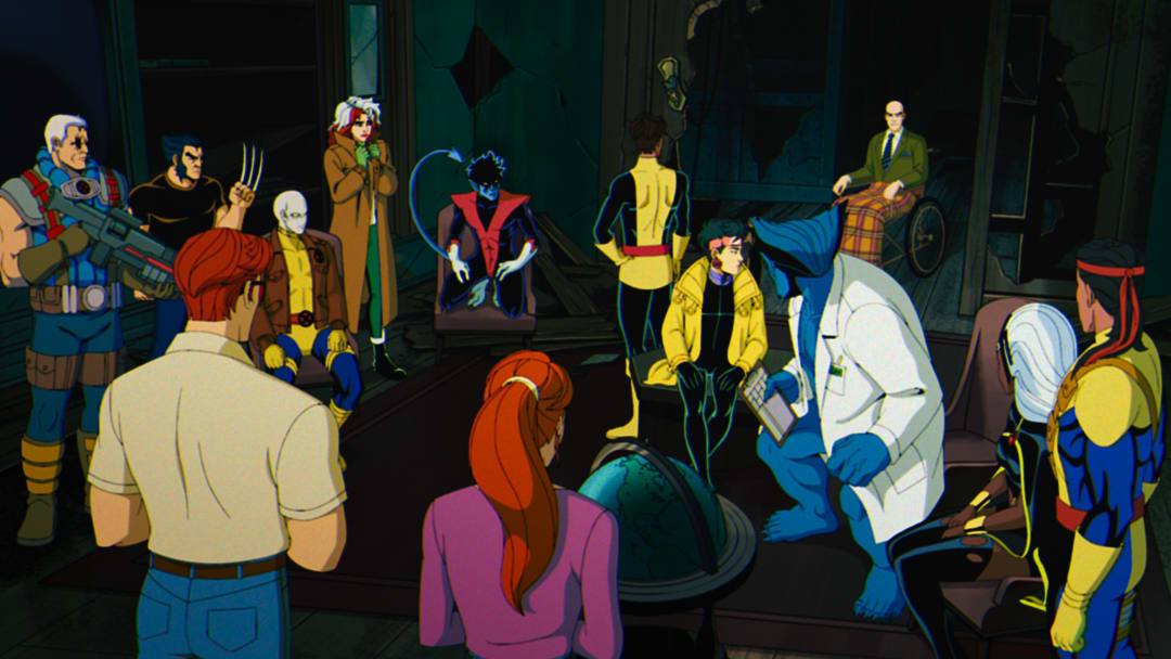 (L-R): Cable (voiced by Chris Potter), Wolverine (voiced by Cal Dodd), Cyclops (voiced by Ray Chase), Morph (voiced by JP Karliak), Rogue (voiced by Lenore Zann), Nightcrawler (voiced by Adrian Hough), Jean Grey (voiced by Jennifer Hale), Roberto Da Costa (voiced by Gui Agustini), Jubilee (voiced by Holly Chou), Beast (voiced by George Buza), Professor X (voiced by Ross Marquand), Storm (voiced by Alison Sealy-Smith) and Forge (voiced by Gil Birmingham) in Marvel Animation's X-MEN '97. Photo