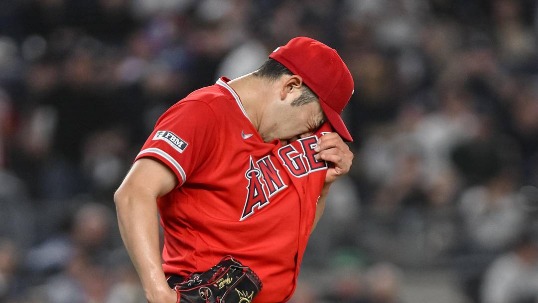 Apr 13, 2026; Bronx, New York, USA; Los Angeles Angels pitcher Yusei Kikuchi (16) reacts after giving up a base on balls to New York Yankees catcher Austin Wells (not pictured) during the second inning at Yankee Stadium. Mandatory Credit: John Jones-Imagn Images