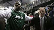 Former Michigan State player Magic Johnson and coach Tom Izzo leave the game after the team beat Connecticut 82-73  in the NCAA Final Four game at Ford Field on Saturday, April 4, 2009 in Detroit.

Ncaa 040409 Mw322