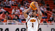 Feb 25, 2025; Stillwater, Oklahoma, USA; Oklahoma State Cowboys guard Bryce Thompson (1) shoots the ball during the first half against the Iowa State Cyclones at Gallagher-Iba Arena. Mandatory Credit: William Purnell-Imagn Images