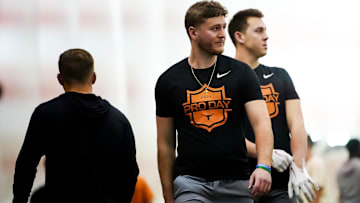 Former Longhorns Quinn Ewers participates in Texas' Pro Day at the Texas Football Training Facility on Tuesday, March 25, 2025.