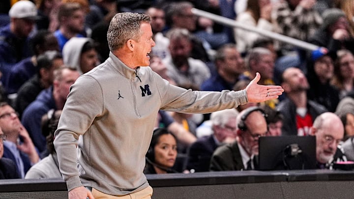Michigan head coach Dusty May reacts to a play against Howardduring the second half of NCAA Tournament First Round at KeyBank Center in Buffalo on Thursday, March 19, 2026.