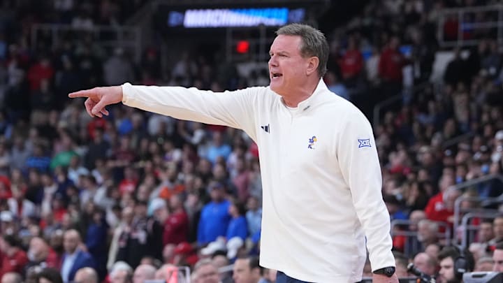 Mar 20, 2025; Providence, RI, USA;  Kansas Jayhawks head coach Bill Self reacts during the second half against the Arkansas Razorbacks at Amica Mutual Pavilion. Mandatory Credit: Gregory Fisher-Imagn Images