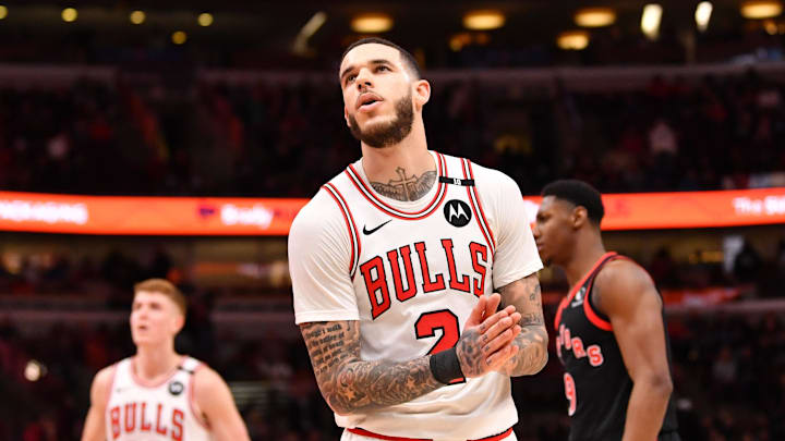 Feb 28, 2025; Chicago, Illinois, USA; Chicago Bulls guard Lonzo Ball (2) reacts during a game against the Toronto Raptors at the United Center. Mandatory Credit: Patrick Gorski-Imagn Images Feb 28, 2025; Chicago, Illinois, USA; Chicago Bulls guard Lonzo Ball (2) reacts during a game against the Toronto Raptors at the United Center. Mandatory Credit: Patrick Gorski-Imagn Images