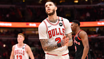 Feb 28, 2025; Chicago, Illinois, USA; Chicago Bulls guard Lonzo Ball (2) reacts during a game against the Toronto Raptors at the United Center. Mandatory Credit: Patrick Gorski-Imagn Images