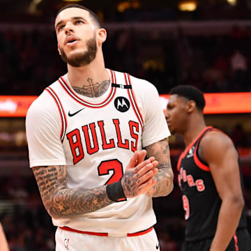 Feb 28, 2025; Chicago, Illinois, USA; Chicago Bulls guard Lonzo Ball (2) reacts during a game against the Toronto Raptors at the United Center. Mandatory Credit: Patrick Gorski-Imagn Images