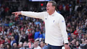 Mar 20, 2025; Providence, RI, USA;  Kansas Jayhawks head coach Bill Self reacts during the second half against the Arkansas Razorbacks at Amica Mutual Pavilion. Mandatory Credit: Gregory Fisher-Imagn Images