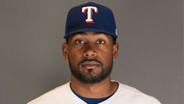 Feb 21, 2023; Surprise, AZ, USA; Texas Rangers pitcher Kumar Rocker (80) poses for a photo during photo day at Surprise Stadium. Mandatory Credit: Allan Henry-Imagn Images