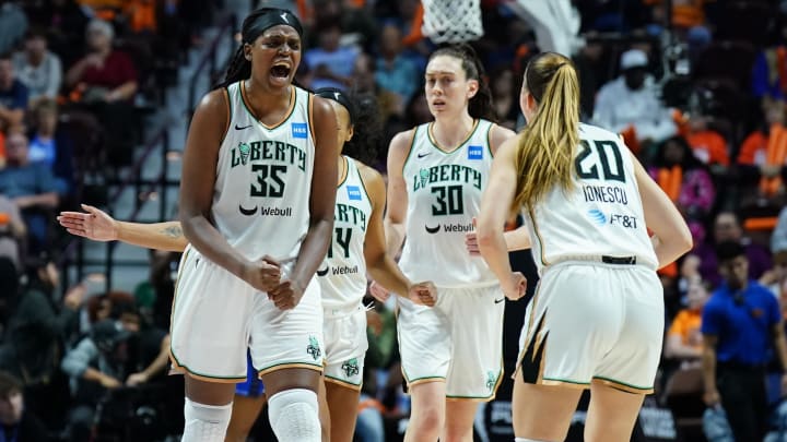 Oct 1, 2023; Uncasville, Connecticut, USA; New York Liberty forward Jonquel Jones (35) reacts after a play against the Connecticut Sun in the second half during game four of the 2023 WNBA Playoffs at Mohegan Sun Arena. Mandatory Credit: David Butler II-USA TODAY Sports