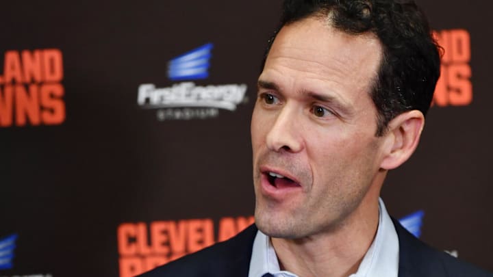 Jan 14, 2020; Cleveland, Ohio, USA;  Cleveland Browns Chief Strategy Officer Paul DePodesta talks with the media after a press conference to introduce head coach Kevin Stefanski at FirstEnergy Stadium.
