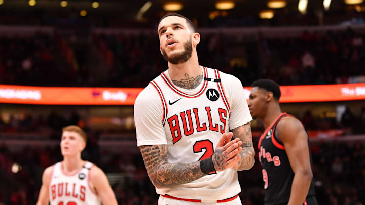 Feb 28, 2025; Chicago, Illinois, USA; Chicago Bulls guard Lonzo Ball (2) reacts during a game against the Toronto Raptors
