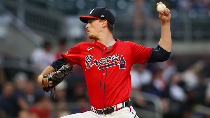 Sep 6, 2024; Atlanta, Georgia, USA; Atlanta Braves starting pitcher Max Fried (54) throws against the Toronto Blue Jays in the first inning at Truist Park.