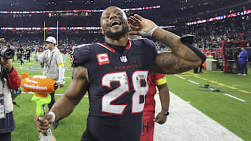 Jan 11, 2025; Houston, Texas, USA; Houston Texans running back Joe Mixon (28) reacts after the game against the Los Angeles Chargers in an AFC wild card game at NRG Stadium. Mandatory Credit: Troy Taormina-Imagn Images