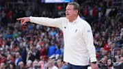 Mar 20, 2025; Providence, RI, USA;  Kansas Jayhawks head coach Bill Self reacts during the second half against the Arkansas Razorbacks at Amica Mutual Pavilion. Mandatory Credit: Gregory Fisher-Imagn Images