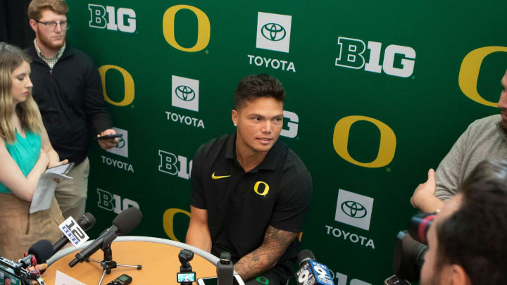 Oregon quarterback Dillon Gabriel speaks during Oregon football’s media day Monday, July 29, 2024 at Autzen Stadium in Eugene, Ore.