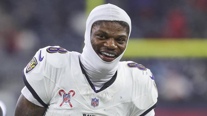 Dec 25, 2024; Houston, Texas, USA;  Baltimore Ravens quarterback Lamar Jackson (8) smiles during the fourth quarter against the Houston Texans at NRG Stadium. Mandatory Credit: Troy Taormina-Imagn Images