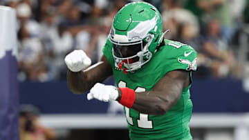 Nov 23, 2025; Arlington, Texas, USA; Philadelphia Eagles wide receiver AJ. Brown (11) celebrates a touchdown in the first quarter against the Dallas Cowboys at AT&T Stadium.