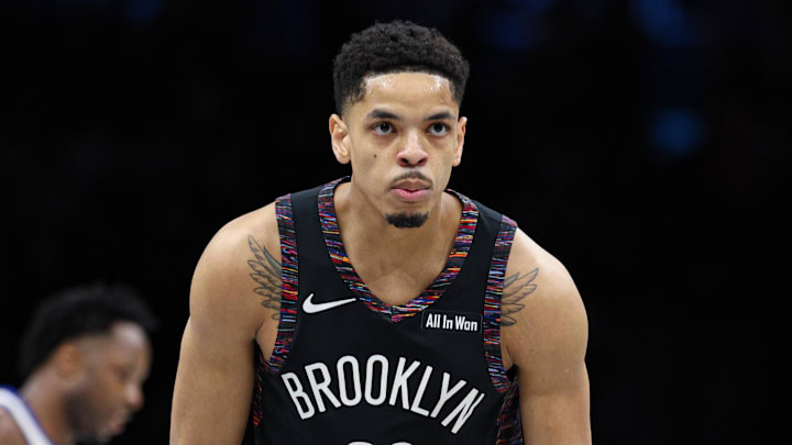 Mar 20, 2026; Brooklyn, New York, USA; Brooklyn Nets forward Josh Minott (00) reacts after making a three point basket during the first half against the New York Knicks at Barclays Center. Mandatory Credit: Vincent Carchietta-Imagn Images