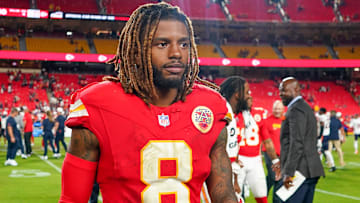 Aug 22, 2025; Kansas City, Missouri, USA; Kansas City Chiefs cornerback Kristian Fulton (8) leaves the field after the game against the Chicago Bears at GEHA Field at Arrowhead Stadium.