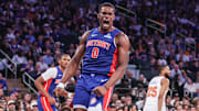 Apr 19, 2025; New York, New York, USA; Detroit Pistons center Jalen Duren (0) reacts after scoring against the New York Knicks in Game One of the First Round of the NBA Playoffs at Madison Square Garden. Mandatory Credit: Wendell Cruz-Imagn Images