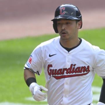 Jun 22, 2024; Cleveland, Ohio, USA; Cleveland Guardians left fielder Steven Kwan (38) rounds the bases on his solo home run in the fifth inning against the Toronto Blue Jays at Progressive Field.