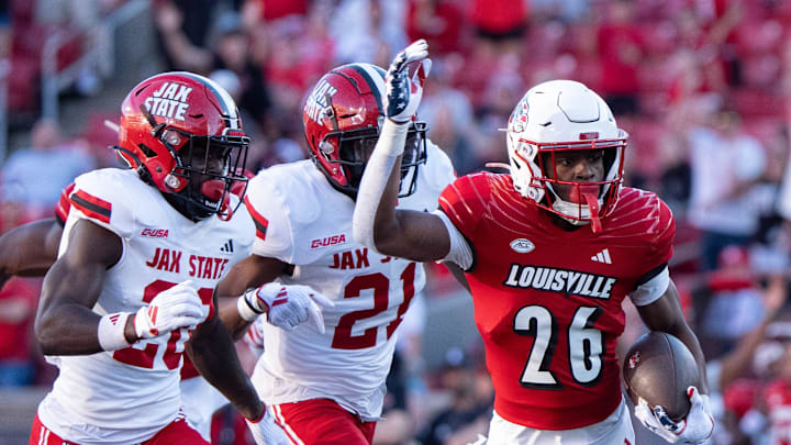 Louisville Cardinals running back Duke Watson (26) makes a 40 yard touchdown during their game against the Jacksonville State Gamecocks on Saturday, Sept. 7, 2024 at L&N Federal Credit Union Stadium in Louisville, Ky.