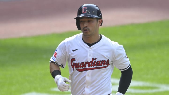 Jun 22, 2024; Cleveland, Ohio, USA; Cleveland Guardians left fielder Steven Kwan (38) rounds the bases on his solo home run in the fifth inning against the Toronto Blue Jays at Progressive Field.